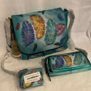 Anuschka Teal Feather Crossbody Bag Set